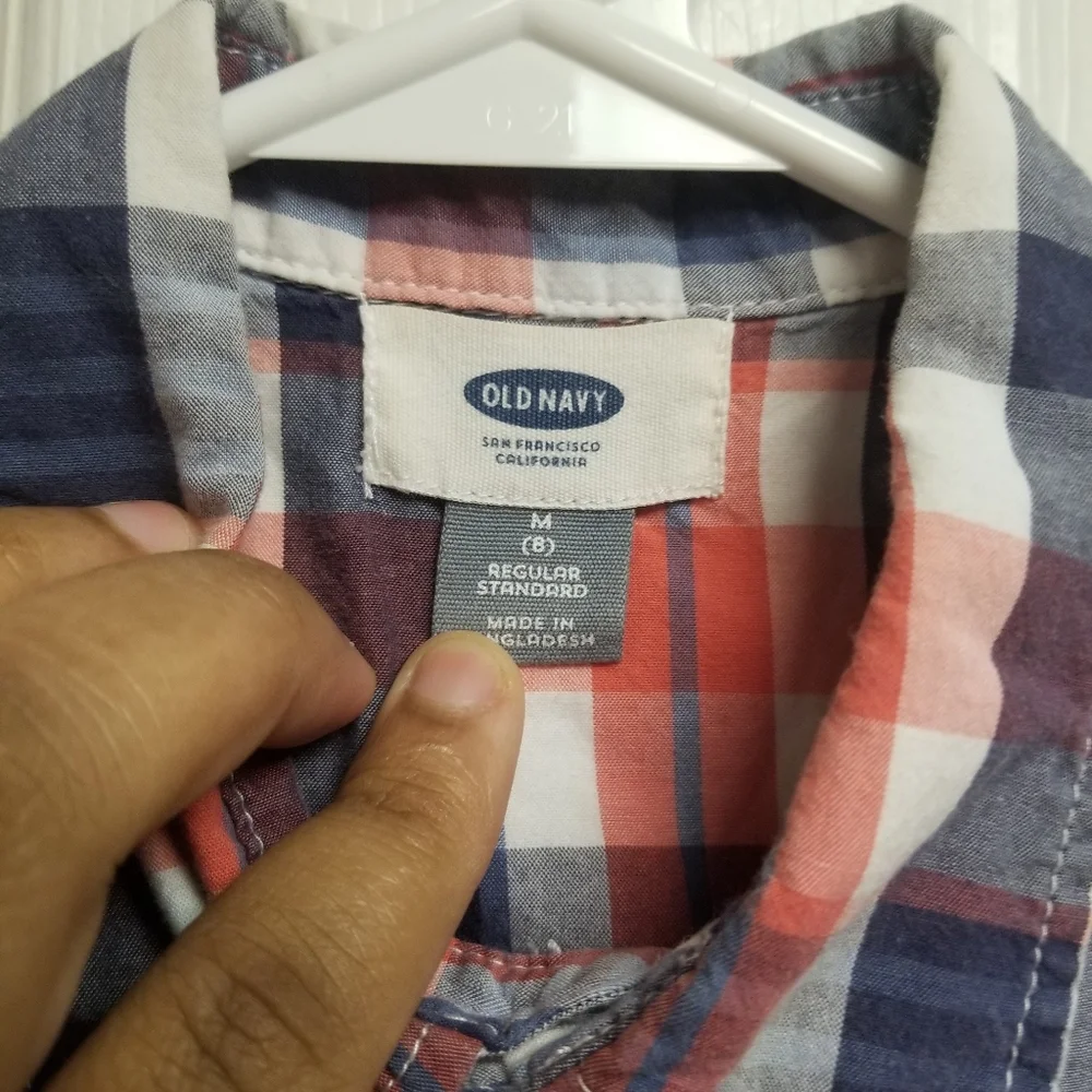 Old Navy Red & Blue Plaid Striped Print Short Sleeve Button Down Preppy Polo